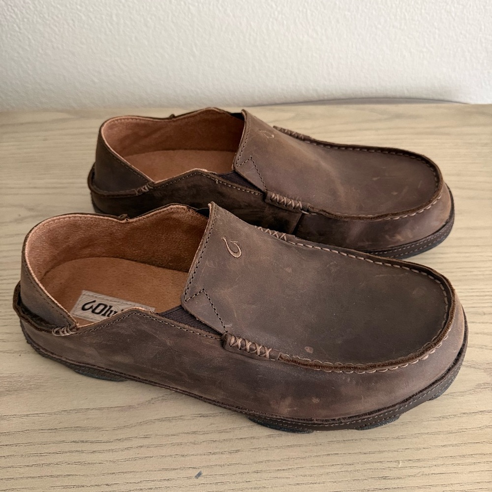 OluKai Men's Brown Moloa Leather Slip-Ons